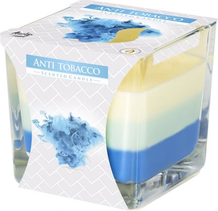 Bispol Aura čtvercová tříbarevná vonná svíčka ve skle 170g -anti tabák